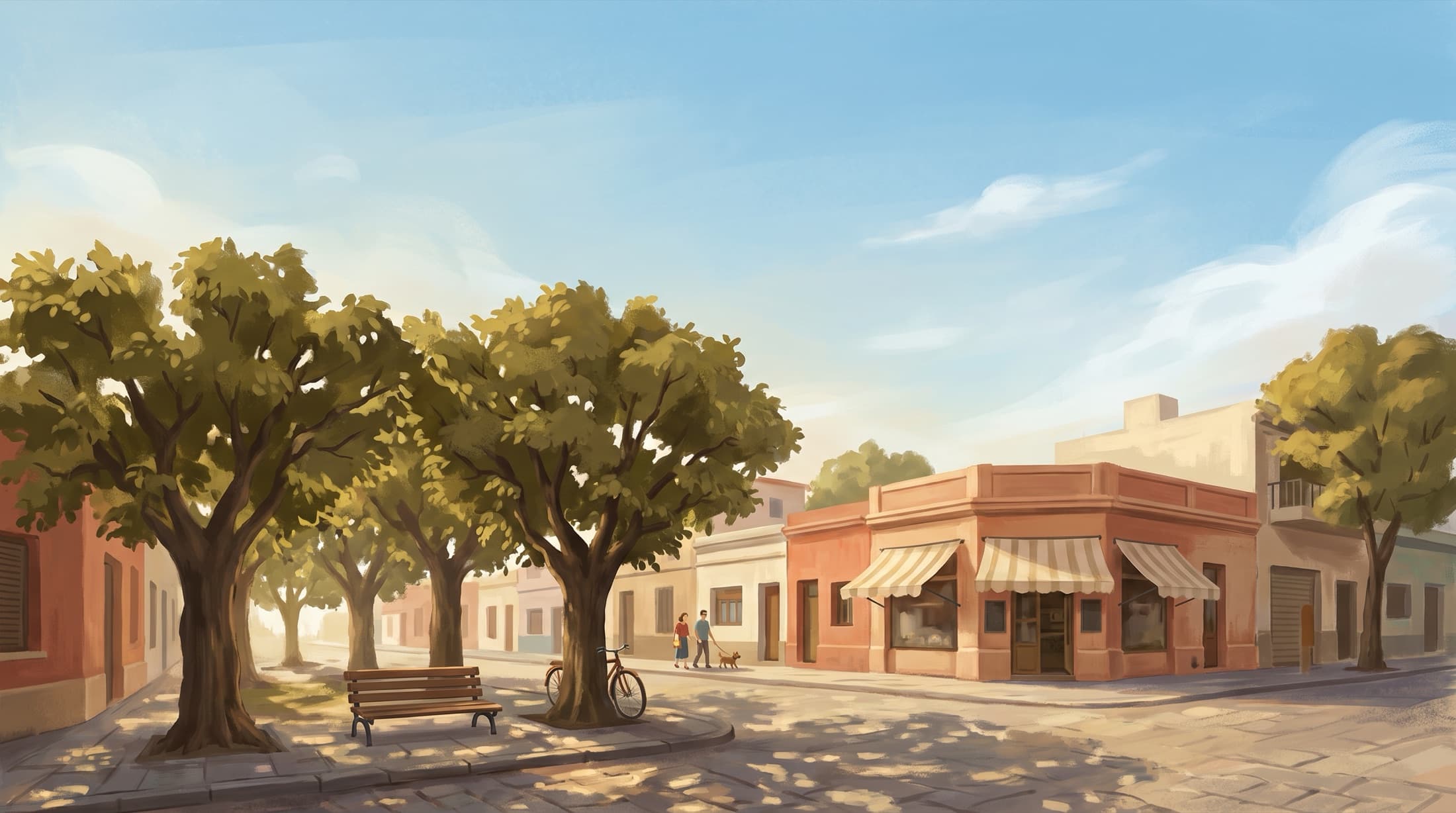 Una cuadra de barrio con tilos en la vereda, un banco a la sombra y un café en la esquina, al sol de la tarde.